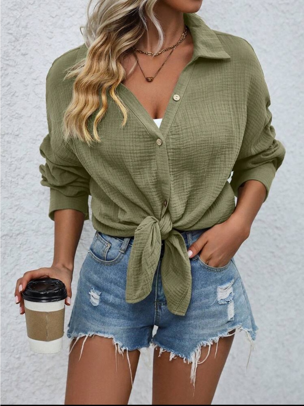 Classic Olive Button Down Front Tie Waist Top Blouse Shirt